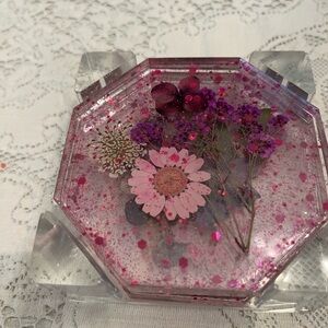 Floral Resin Coaster Set with Pink Accents. 4 Coasters plus Holder